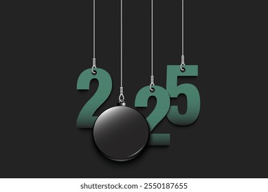 Numbers 2025 and hockey puck as a Christmas decorations are hanging on strings. New Year 2025 are hang on cords. Template design for greeting card. Vector illustration on isolated background