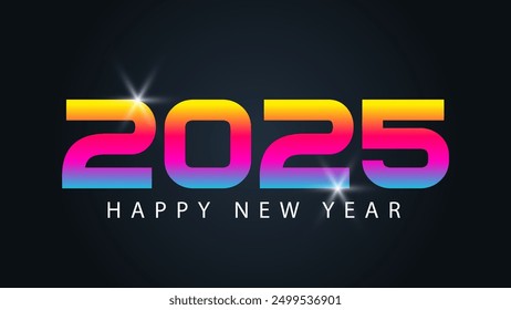 Numbers 2025 with rainbow gradient, Happy New Year text. Perfect for New Years Eve party invitations or social media posts.