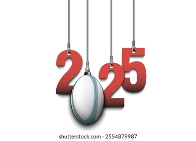 Numbers 2025 and rugby ball as a Christmas decorations are hanging on strings. New Year 2025 are hang on cords. Template design for greeting card. Vector illustration on isolated background
