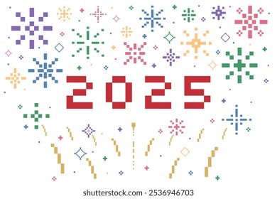 The numbers 2025 and snowflakes, star and fireworks on white background.  Winter holiday banner. Old school vintage retro 80s, 90s computer, video game graphics. Vector illustration.