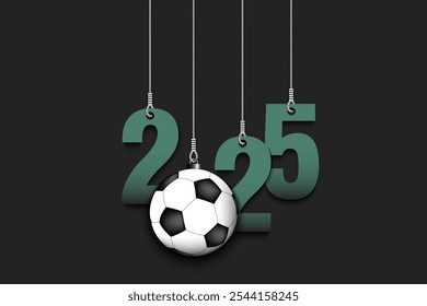 Numbers 2025 and soccer ball as a Christmas decorations are hanging on strings. New Year 2025 are hang on cords. Template design for greeting card. Vector illustration on isolated background