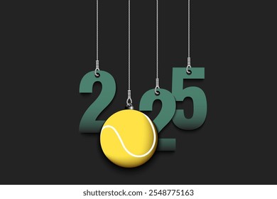 Zahlen 2025 und Tennisball als Weihnachtsdekoration hängen an den Saiten. Neujahr 2025 sind an Seilen hängen. Vorlagendesign für Grußkarte. Vektorgrafik auf isoliertem Hintergrund