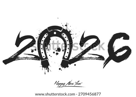 Numbers 2026 and a abstract horseshoe made of blots in grunge style. Design text logo Happy New Year 2026. Template for greeting card, banner, poster. Vector illustration on isolated background