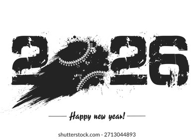 Numbers 2026 and flying abstract baseball ball made from blots with by milky way in grunge style. Happy New Year 2026. Design template for greeting card. Vector illustration on isolated background