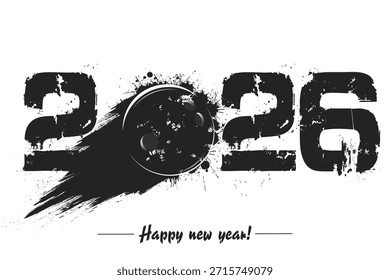 Numbers 2026 and flying abstract bowling ball made from blots with by milky way in grunge style. Happy New Year 2026. Design template for greeting card. Vector illustration on isolated background