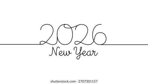 Números "2026" y "Año Nuevo" en estilo de arte de una línea. Dibujo de un saludo con un trazo negro editable sobre un fondo blanco. Ilustración vectorial.