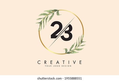 Números 23 2 3 diseño de logotipo con círculos dorados y hojas verdes sobre ramas alrededor. Ilustración vectorial con los números 2 y 3 para marcas personales, negocios, productos ecológicos o naturales. 