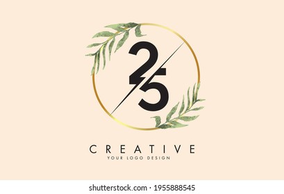 Números 25 2 5 diseño de logotipo con círculos dorados y hojas verdes sobre ramas alrededor. Ilustración vectorial con los números 2 y 5 para marca personal, negocios, productos ecológicos o naturales. 