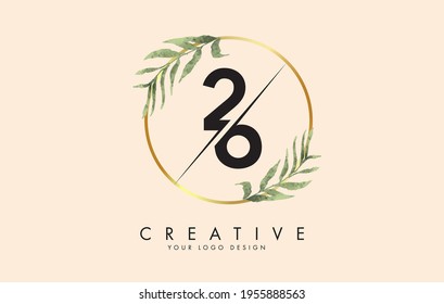Numbers 26 2 6 logo design with golden circles and green leaves on branches around. Vector Illustration with numbers 2 and 6 for personal branding, business, eco friendly or natural products. 