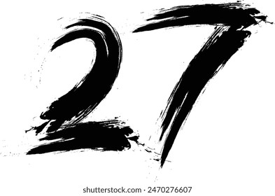 numbers 27 written with a brush vector. 27 Years Anniversary Celebration Vector Template, 27 number logo design, 27th birthday, Black Lettering Numbers brush drawing hand drawn sketch, black number