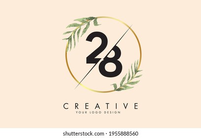 Numbers 28 2 8 logo design with golden circles and green leaves on branches around. Vector Illustration with numbers 2 and 8 for personal branding, business, eco friendly or natural products. 