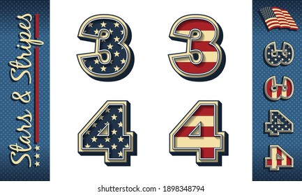 Numbers 3 and 4. Stylized vector numerals with USA flag elements and colors, isolated on white, with example on dark background.