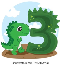 numbers 3 in the style of cute baby dino tyrannosaurus