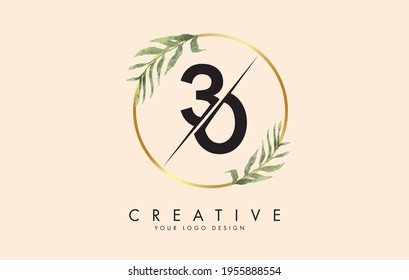 Numbers 30 3 0 logo design with golden circles and green leaves on branches around. Vector Illustration with numbers 3 and 0 for personal branding, business, eco friendly or natural products. 