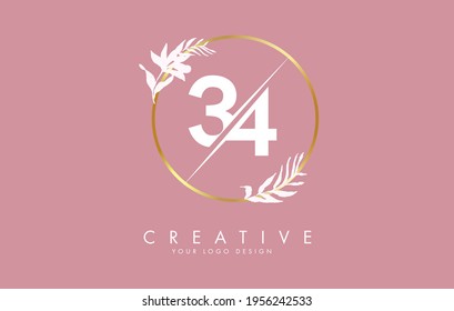 Números 34 3 4 diseño de logotipo con círculo dorado y hojas blancas en ramas alrededor. Ilustración vectorial con los números 3 y 4 para marcas personales, negocios, productos ecológicos o naturales. 