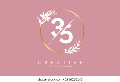 Numbers 35 3 5 logo design with golden circle and white leaves on branches around. Vector Illustration with numbers 3 and 5 for personal branding, business, eco friendly or natural products. 