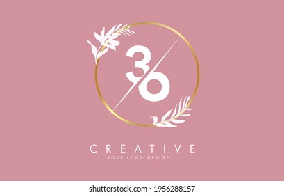 Numbers 36 3 6 logo design with golden circle and white leaves on branches around. Vector Illustration with numbers 3 and 6 for personal branding, business, eco friendly or natural products. 