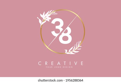 Numbers 38 3 8 logo design with golden circle and white leaves on branches around. Vector Illustration with numbers 3 and 8 for personal branding, business, eco friendly or natural products. 