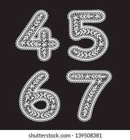 The numbers 4, 5. 6 and 7 are written with white lace. Lace font for the labels