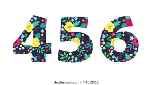 Numbers 4 5 6 of beautiful cute spring hand drawn flowers  isolated on white background. Element of floral digit. Perfect for anniversary, wedding decoration etc. Vector illustration, numeral element