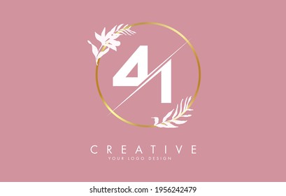 Numbers 41 4 1 logo design with golden circle and white leaves on branches around. Vector Illustration with numbers 4 and 1 for personal branding, business, eco friendly or natural products. 