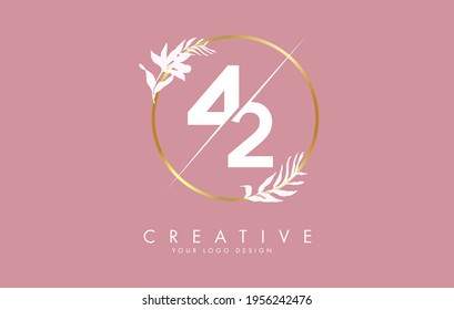 Numbers 42 4 2 logo design with golden circle and white leaves on branches around. Vector Illustration with numbers 4 and 2 for personal branding, business, eco friendly or natural products. 