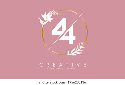 Numbers 44 4 logo design with golden circle and white leaves on branches around. Vector Illustration with number 4 for personal branding, corporate, business, eco friendly or natural products. 