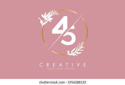 Numbers 45 4 5 logo design with golden circle and white leaves on branches around. Vector Illustration with numbers 4 and 5 for personal branding, business, eco friendly or natural products. 