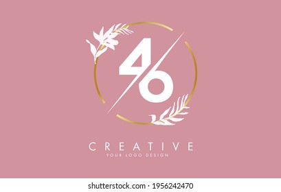 Numbers 46 4 6 logo design with golden circle and white leaves on branches around. Vector Illustration with numbers 4 and 6 for personal branding, business, eco friendly or natural products. 