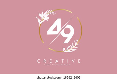 Numbers 49 4 9 logo design with golden circle and white leaves on branches around. Vector Illustration with numbers 4 and 9 for personal branding, business, eco friendly or natural products. 