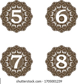 The numbers 5 6 7 and 8 that are inscribed in an ornamental surrounding resembling a mandala