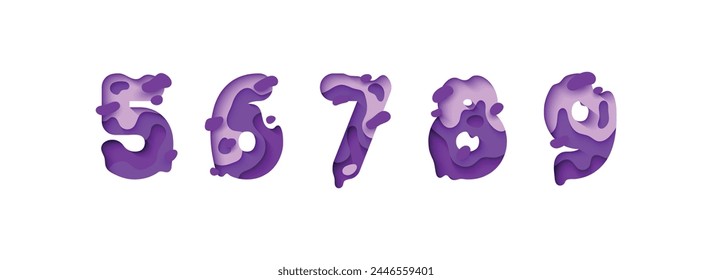 Numbers 5, 6, 7, 8, 9, font design in paper cut style. vector illustration