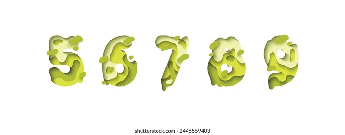 Números 5, 6, 7, 8, 9, diseño de fuente en estilo de corte de papel. Ilustración vectorial