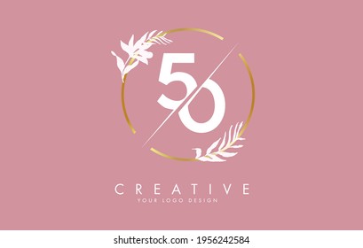 Numbers 50 5 0 logo design with golden circle and white leaves on branches around. Vector Illustration with numbers 5 and 0 for personal branding, business, eco friendly or natural products. 