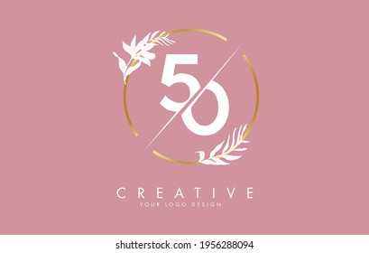 Numbers 50 5 0 logo design with golden circle and white leaves on branches around. Vector Illustration with numbers 5 and 0 for personal branding, business, eco friendly or natural products. 
