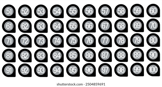 Numbers 51 to 100 premium digital black and white shadow circle icon design.5
