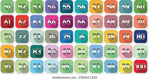 Numbers, 51 to 100 premium logo icon full color shadow effect square number shadow line