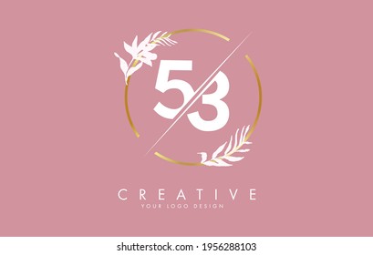 Numbers 53 5 3 logo design with golden circle and white leaves on branches around. Vector Illustration with numbers 5 and 3 for personal branding, business, eco friendly or natural products. 