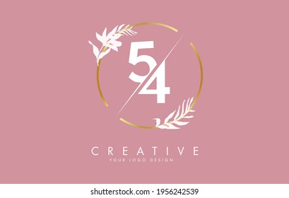 Numbers 54 5 4 logo design with golden circle and white leaves on branches around. Vector Illustration with numbers 5 and 4 for personal branding, business, eco friendly or natural products. 