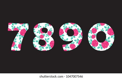 Numbers 7 8 9 0 of beautiful cute spring hand drawn flowers isolated on black background. Element of floral digit. Perfect for anniversary, wedding decoration etc. Vector illustration, numeral element