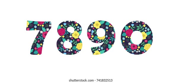 Numbers 7 8 9 0 of beautiful cute spring hand drawn flowers isolated on white background. Element of floral digit. Perfect for anniversary, wedding decoration etc. Vector illustration, numeral element