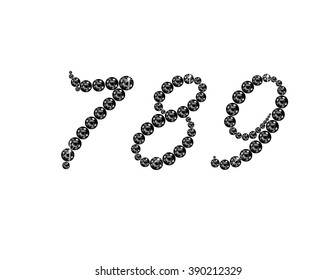 Numbers 7, 8 and 9 in stunning Onyx Script precious round jewels, isolated on white. Vector EPS-10 file, transparency used. 