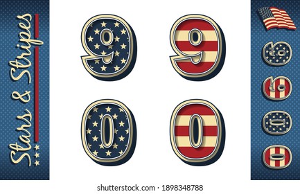 Numbers 9 and 0. Stylized vector numerals with USA flag elements and colors, isolated on white, with example on dark background.