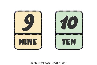 Numbers 9 and 10 nine ten with words colored flashcard, material in English. Vector illustration
