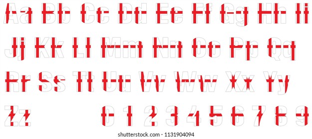 Numbers and ABC to Z Artwork Fonts, Art Alphabets with Color of England Flag, Classic Bold Style