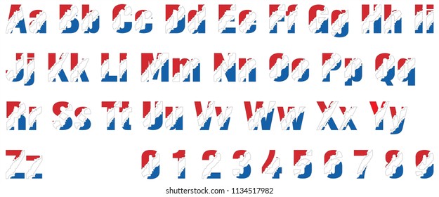 Numbers and ABC to Z Artwork Fonts, Art Alphabets with Color of Netherland Flag, Crack Style 