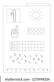 Numbers: activity worksheet for kids. Write, trace, count and color