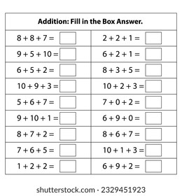 Numbers Addition. Basic kid  Math chart for addition operations in school education. isolated on white background. Vector graphic illustration.