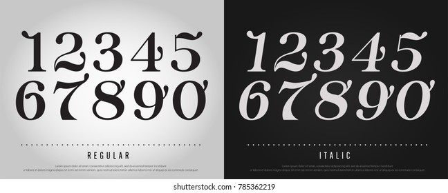 Numbers alphabet letters set. Exclusive Custom Letters. alphabet designs for logo, Poster, Invitation, etc. Typography font classic style, Regular and Italic vector illustrator
