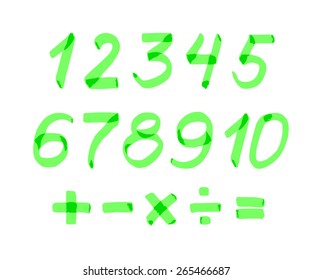 Numbers, arithmetic signs, painted green marker. Vector.